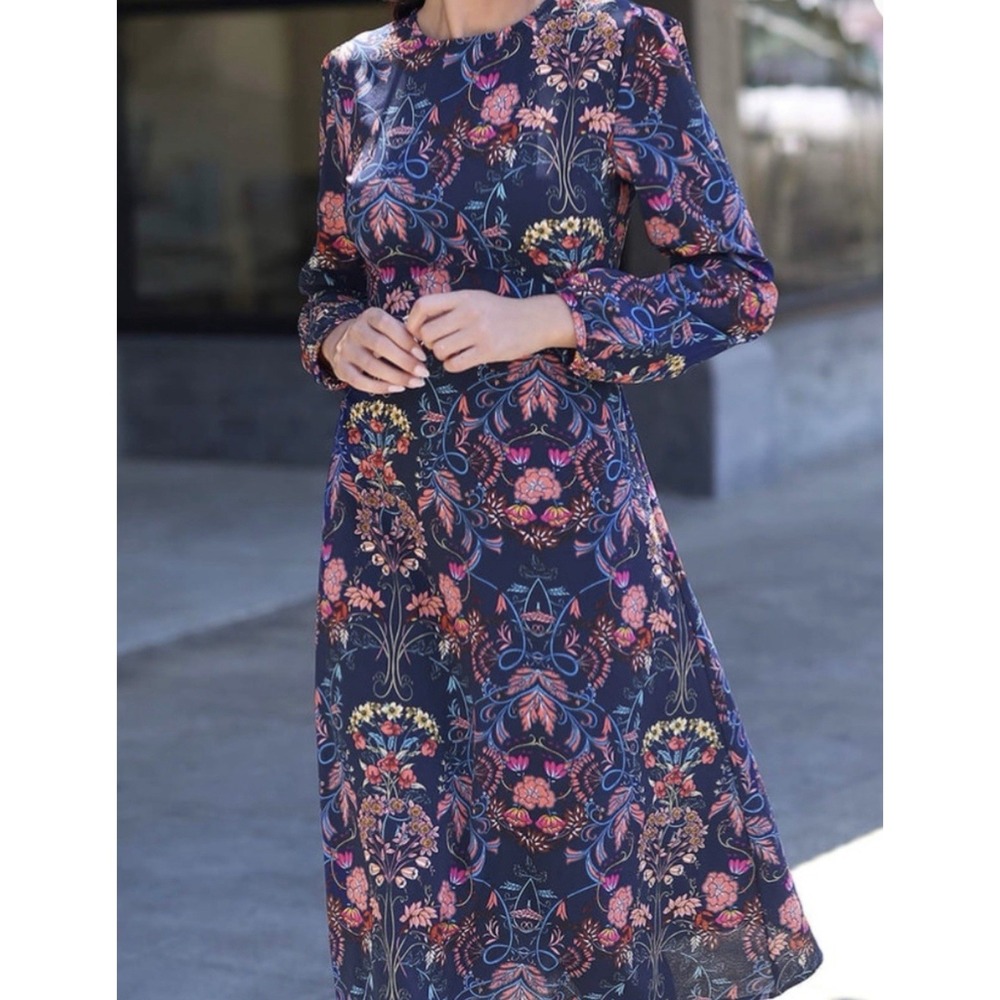 I. Madeline‎ Dress Womens Medium Navy Blue Garden Splendor Print Crepe Lulus